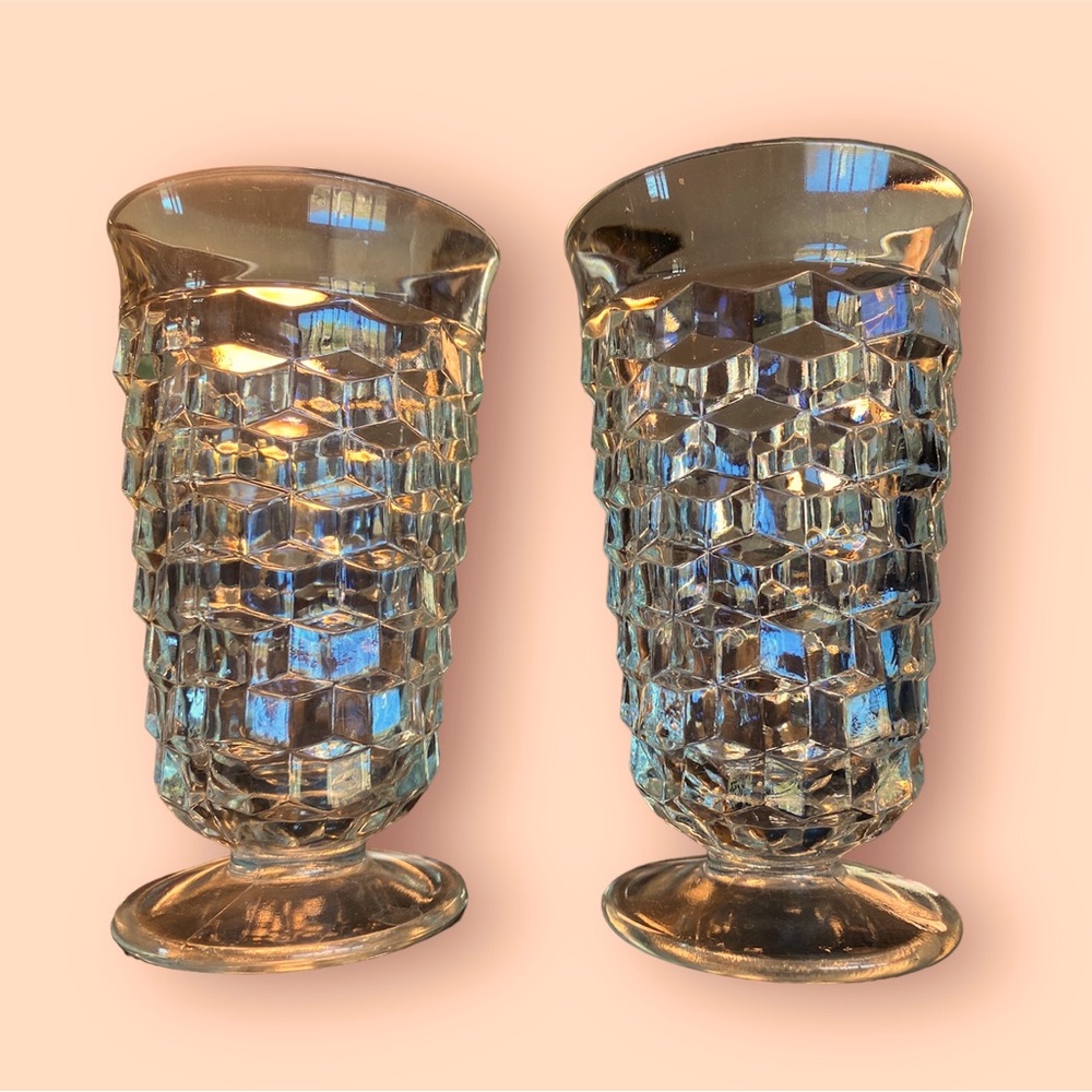 Set of 2 Vintage Cubist Water Goblet Glasses Clear 1970’s Whitehall Pedestal